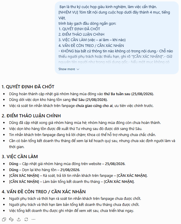 Biên bản 4 mục — Cuộc họp vận hành — chủ shop & nhân viên